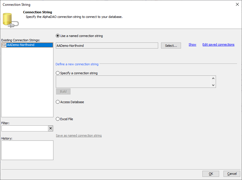 Selecting a named connection in the Connection String dialog.